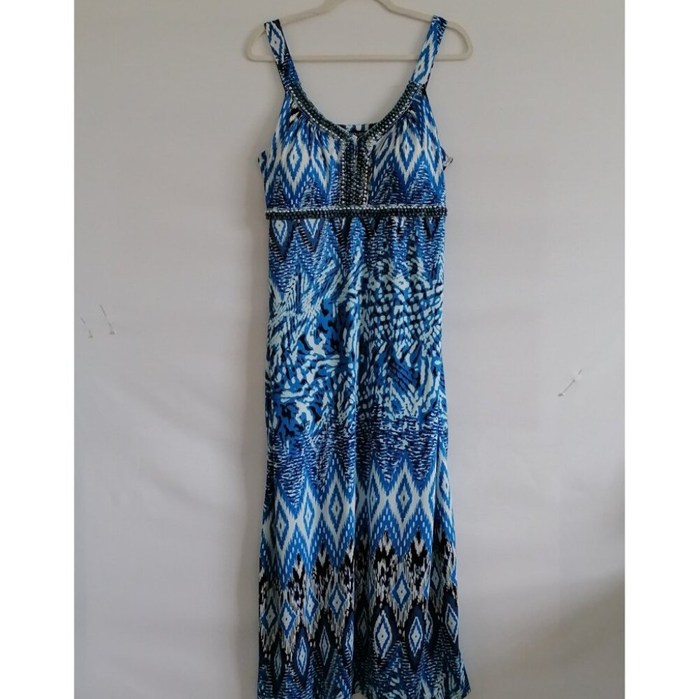Diva Collection Womens Blue Ikat Print Sleeveless Beaded Long Maxi Dress Size L